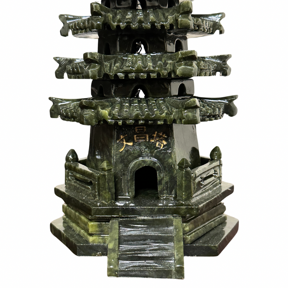 Green Jade Natural Crystal Stone Buddha Temple Tower - Pagoda Statues Point Carved Wenchang Tower Energy And Chakra Healing Home Decoration