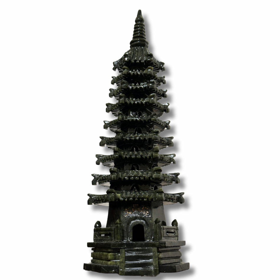 Green Jade Natural Crystal Stone Buddha Temple Tower - Pagoda Statues Point Carved Wenchang Tower Energy And Chakra Healing Home Decoration