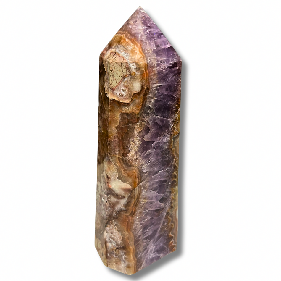 Rare Amethyst with Mexican Lace Agate Crystal Tower with Rainbow Inclusions