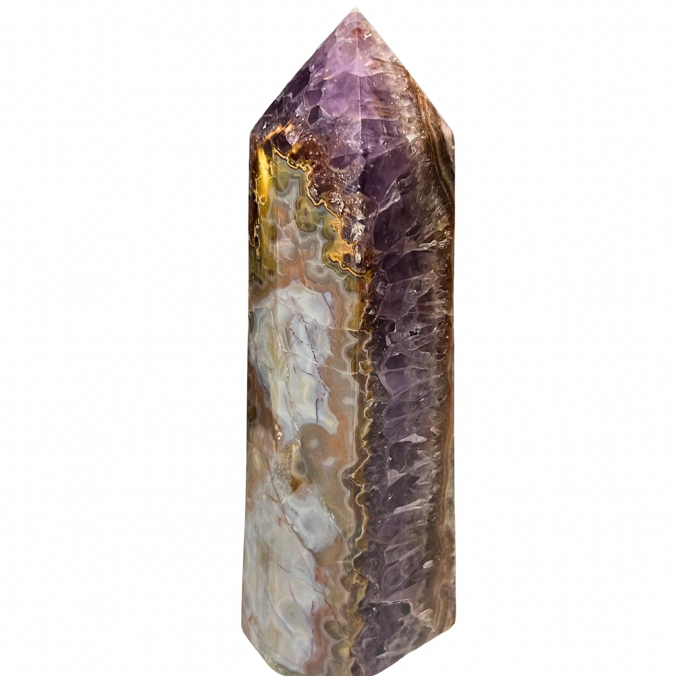 Rare Amethyst with Mexican Lace Agate Crystal Tower with Rainbow Inclusions