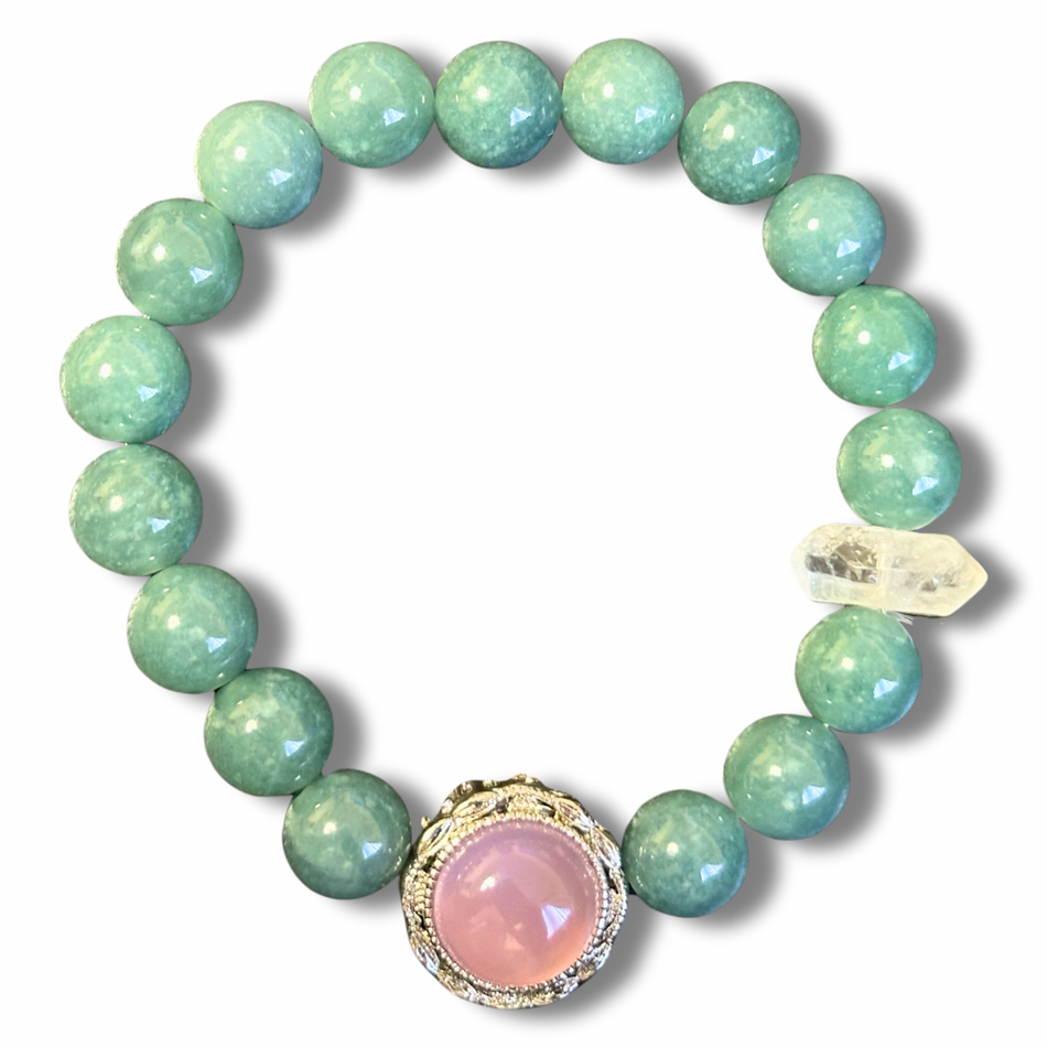 Green Jade Bracelet with a Rose Quartz Charm and Clear Quartz Freeform Charm