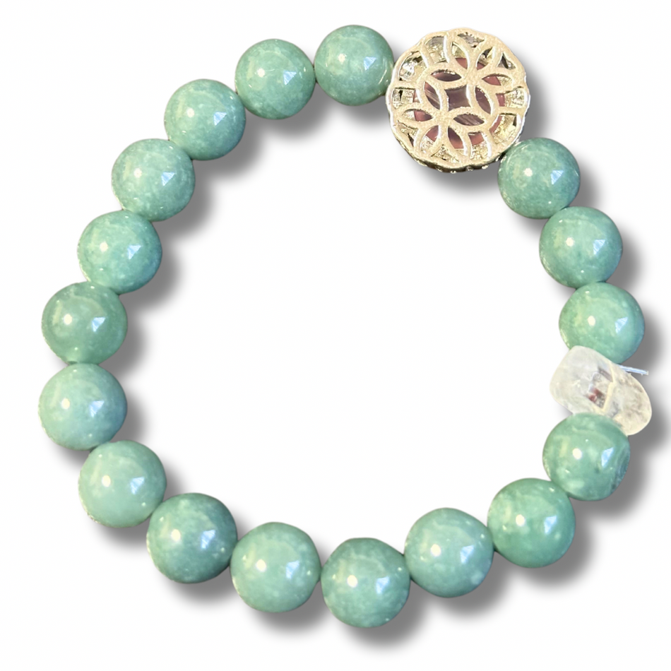 Green Jade Bracelet with a Rose Quartz Charm and Clear Quartz Freeform Charm