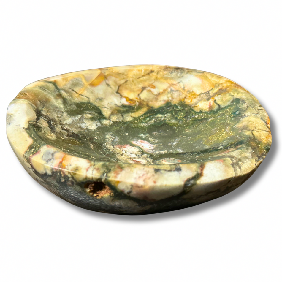 Ocean Jasper Natural Crystal Bowl with Moss Agate Inclusions (minor imperfections / chips) on this Crystal bowl