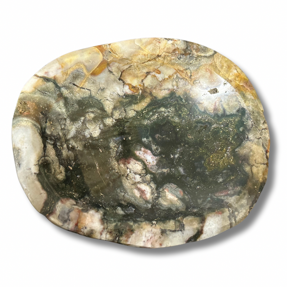 Ocean Jasper Natural Crystal Bowl with Moss Agate Inclusions (minor imperfections / chips) on this Crystal bowl